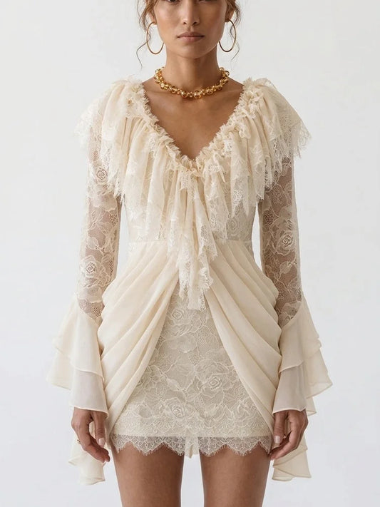 Lace Draped V-Neck Mini Dress in Cream - Small - Dresses