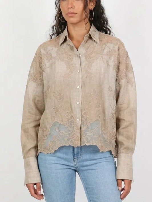 Lace Embroidered Boxy Silk Shirt - Small - Tops