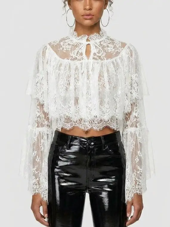 Lace Ruffle Bell-Sleeve Blouse - Small / White - Tops