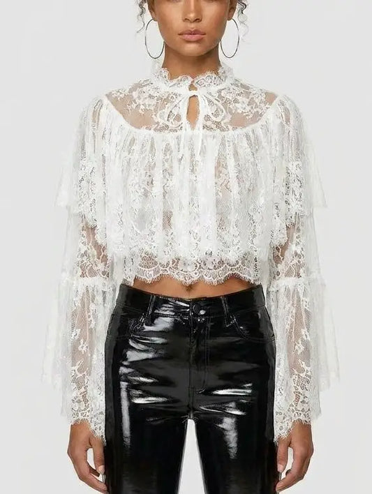 Lace Ruffle Bell-Sleeve Blouse - Small / White - Tops