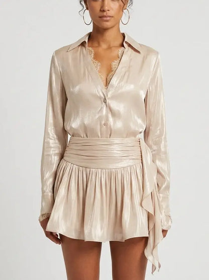 Lace Trim Blouse and Pleated Mini Skirt Set - Small / Champagne - Suits & Sets