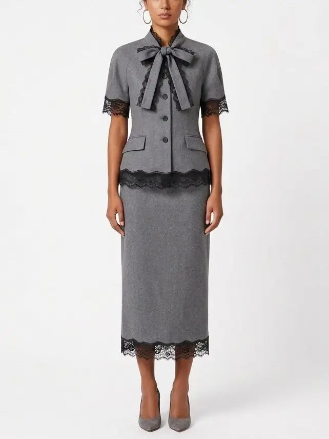 Lace Trim Short Sleeve Blazer and Midi Skirt Set - Suits & Sets
