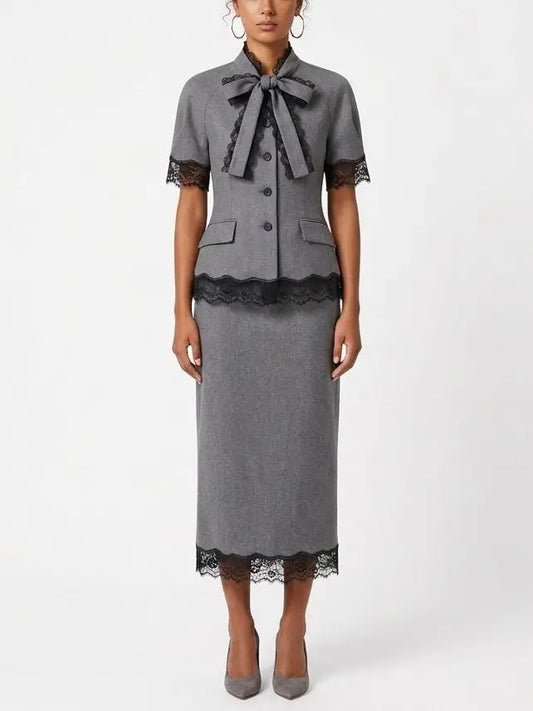 Lace Trim Short Sleeve Blazer and Midi Skirt Set - Suits & Sets