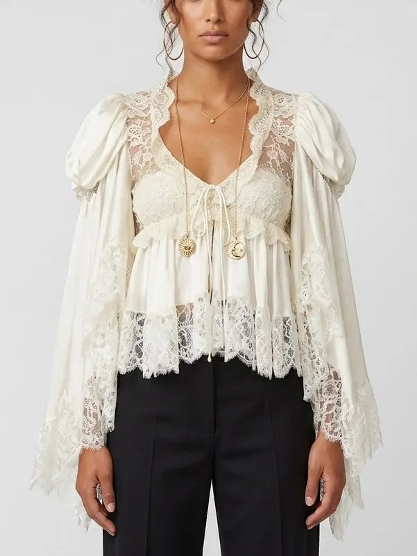 Lace Trim Silk V Neck Blouse with Puff Flared Sleeves - Small - Tops