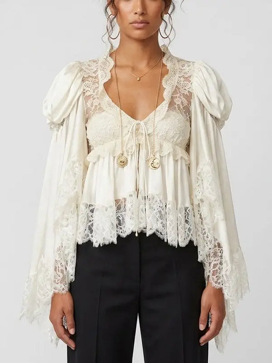 Lace Trim Silk V Neck Blouse with Puff Flared Sleeves - Small - Tops