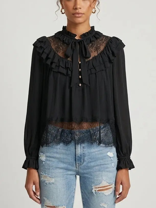 Lace Yoke Ruffle Tie-Neck Black Blouse - S - Tops