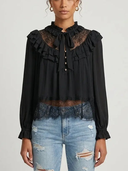 Lace Yoke Ruffle Tie-Neck Black Blouse - S - Tops