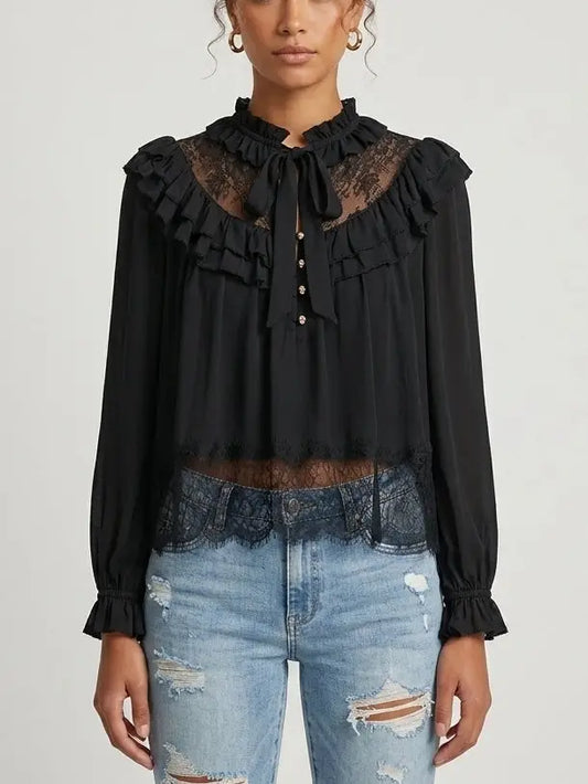 Lace Yoke Ruffle Tie-Neck Black Blouse - S - Tops
