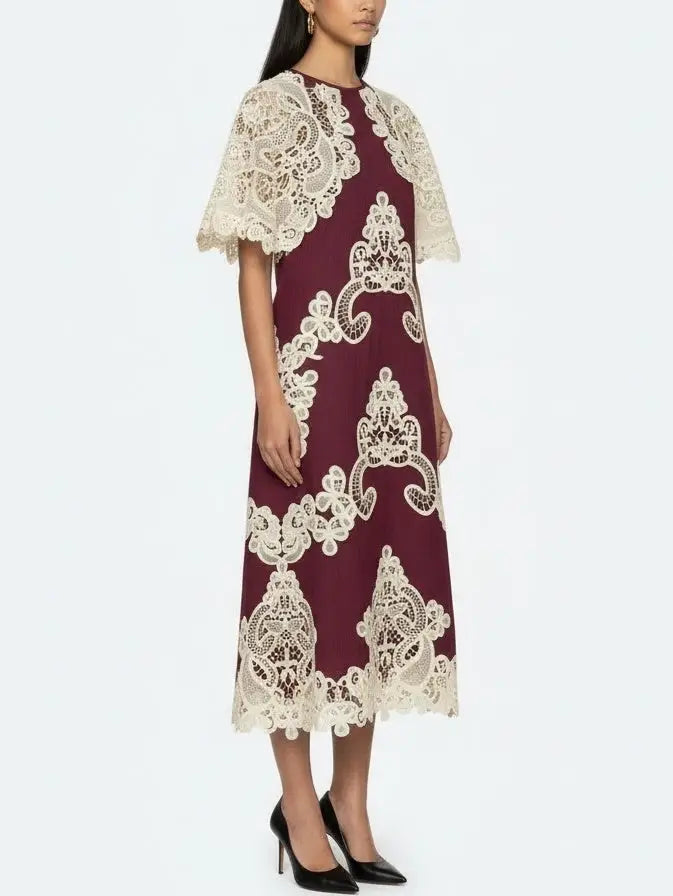 Lace Cape-Sleeve Cotton & Linen Midi Dress - Dresses