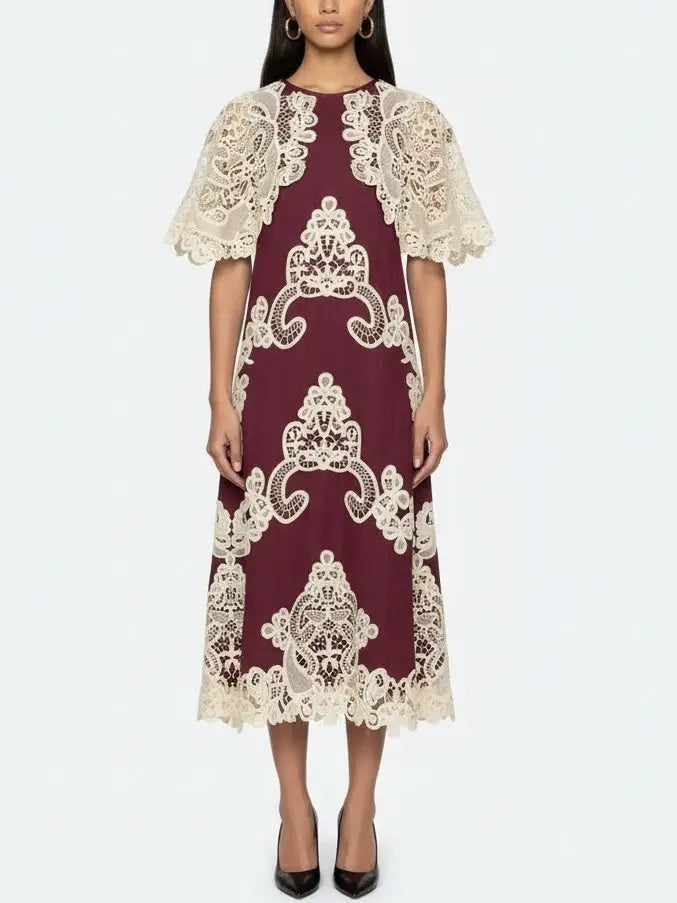 Lace Cape-Sleeve Cotton & Linen Midi Dress - Small / Burgundy - Dresses