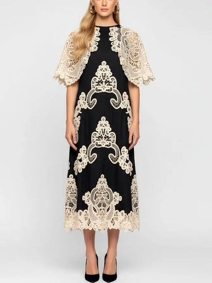 Lace Cape-Sleeve Cotton & Linen Midi Dress - Dresses