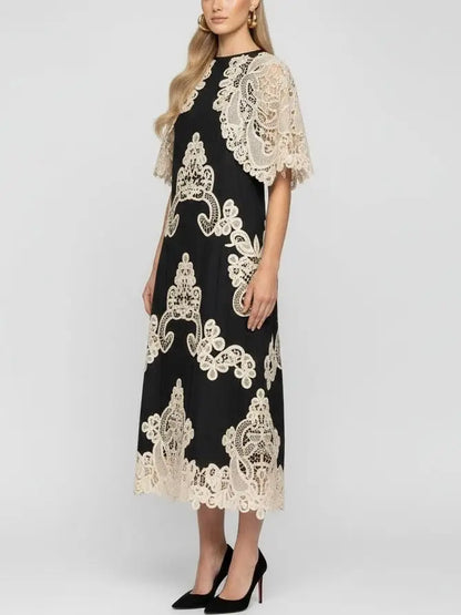 Lace Cape-Sleeve Cotton & Linen Midi Dress - Dresses
