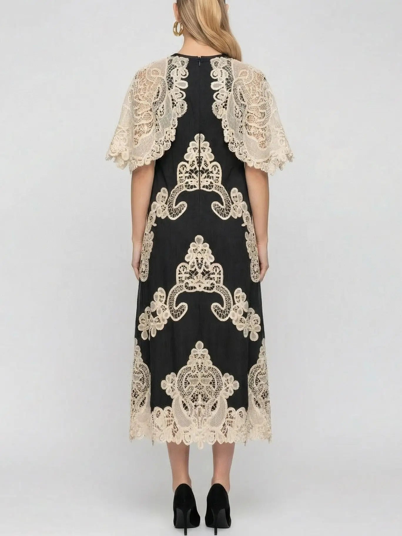 Lace Cape-Sleeve Cotton & Linen Midi Dress - Dresses