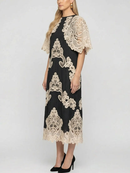Lace Cape-Sleeve Cotton & Linen Midi Dress - Dresses