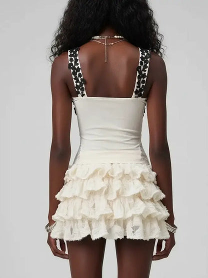 Lace Corset Top and Tiered Ruffle Mini Skirt Set - Suits & Sets