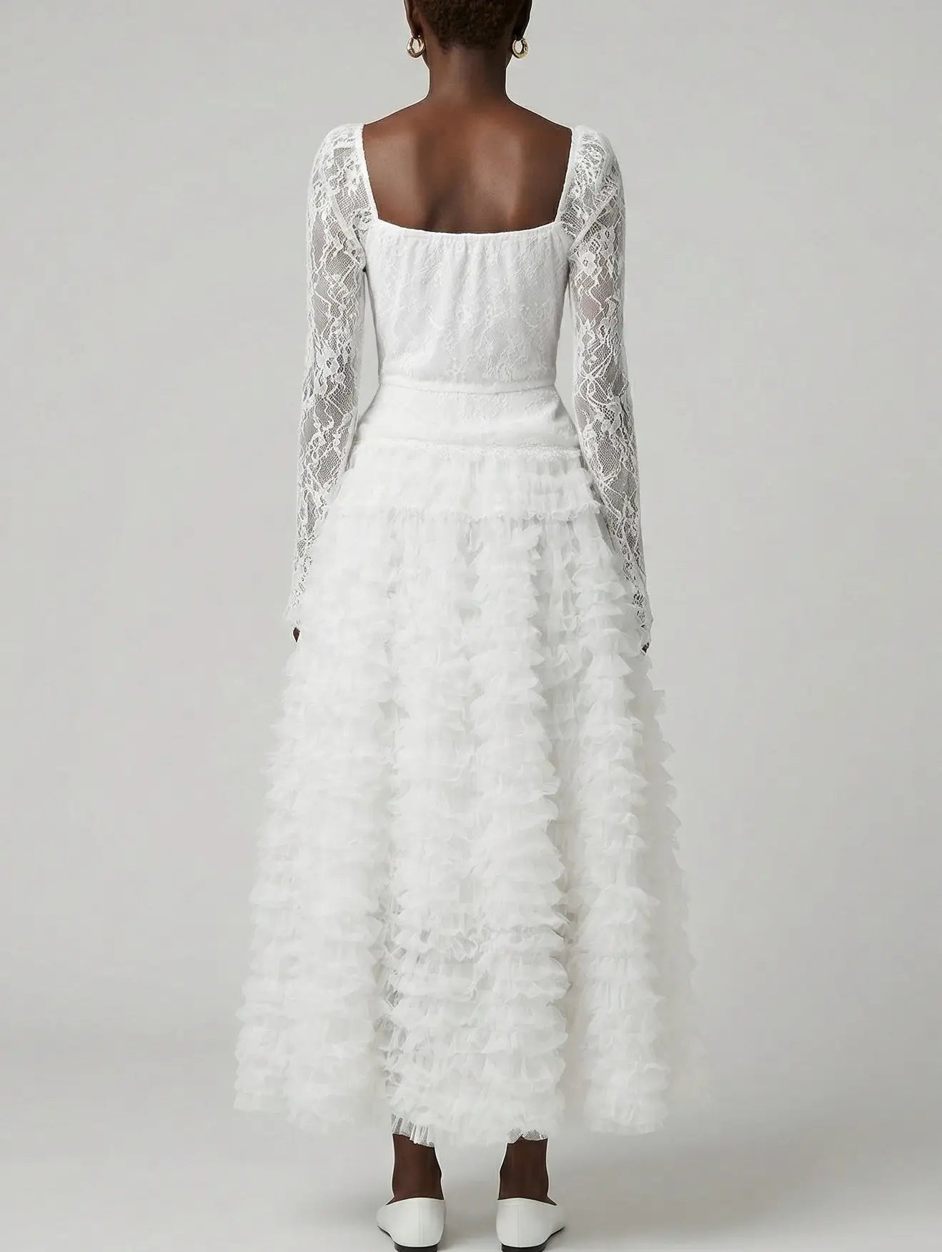 Lace Corset Top and Tiered Ruffle Skirt Set in White - Suits & Sets