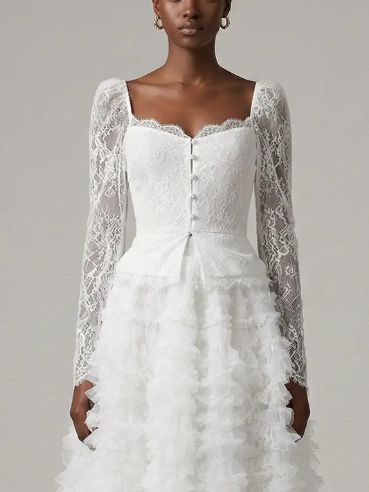 Lace Corset Top and Tiered Ruffle Skirt Set in White - Suits & Sets