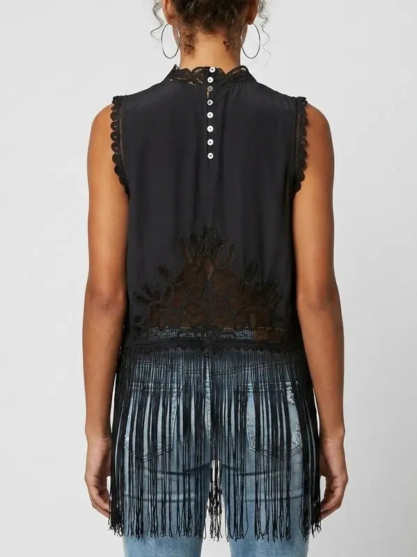 Lace Cutwork Fringe Hem Sleeveless Top - Tops