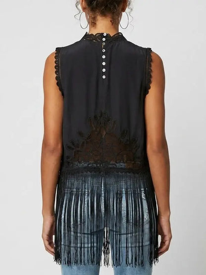 Lace Cutwork Fringe Hem Sleeveless Top - Tops