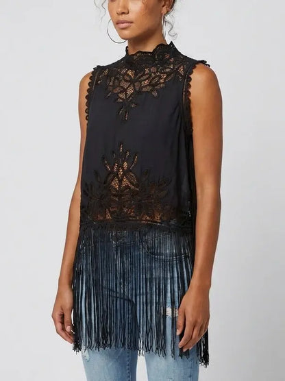 Lace Cutwork Fringe Hem Sleeveless Top - Tops