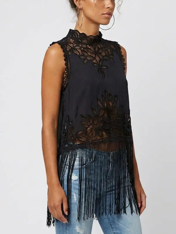 Lace Cutwork Fringe Hem Sleeveless Top - Tops