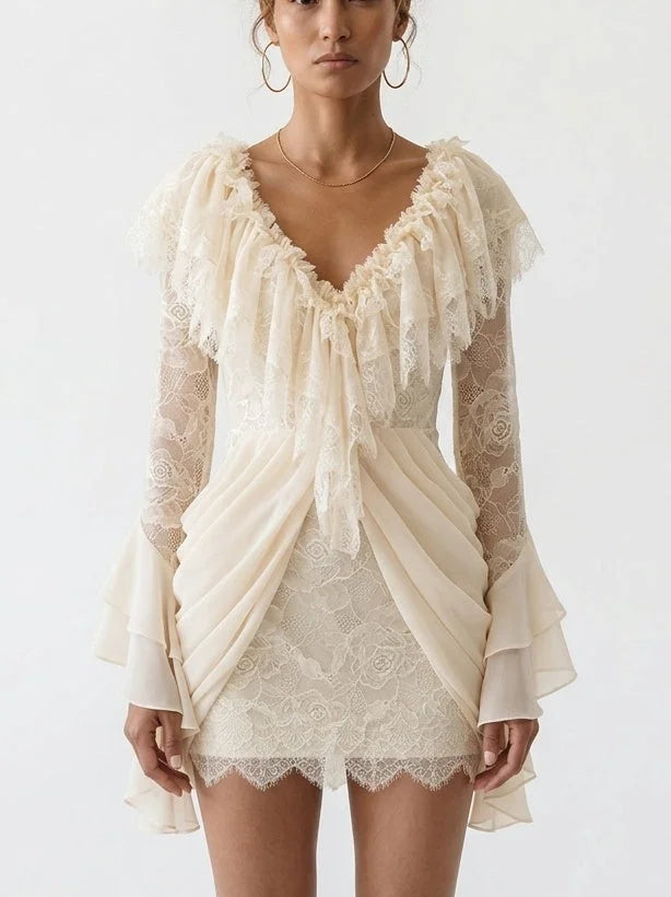 Lace Draped V-Neck Mini Dress in Cream - Dresses