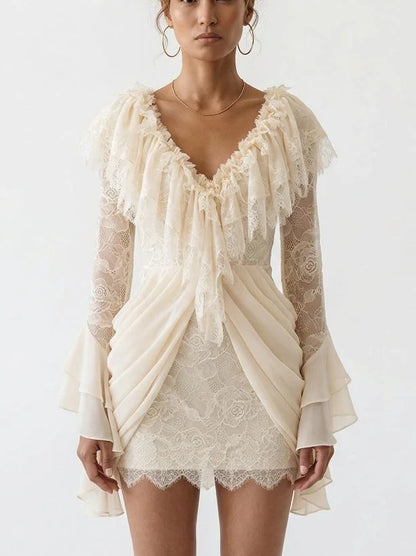 Lace Draped V-Neck Mini Dress in Cream - Dresses