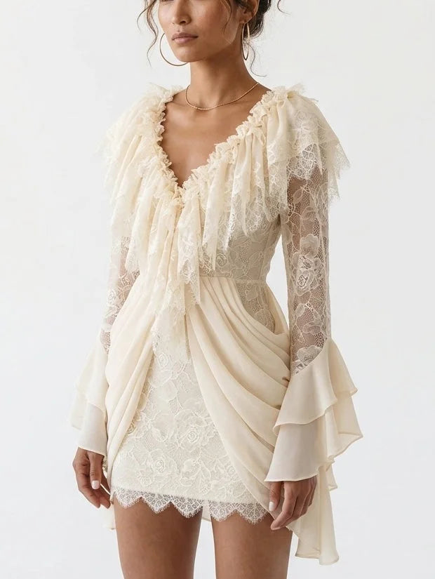 Lace Draped V-Neck Mini Dress in Cream - Dresses