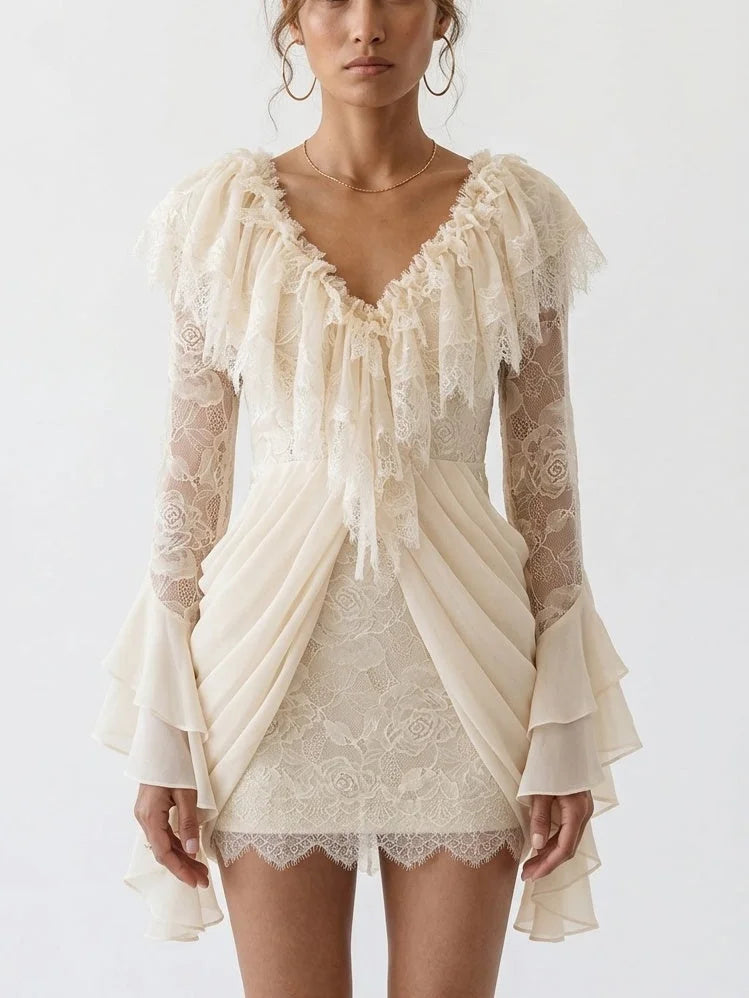 Lace Draped V-Neck Mini Dress in Cream - Dresses