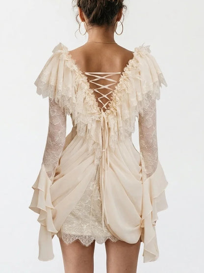 Lace Draped V-Neck Mini Dress in Cream - Dresses