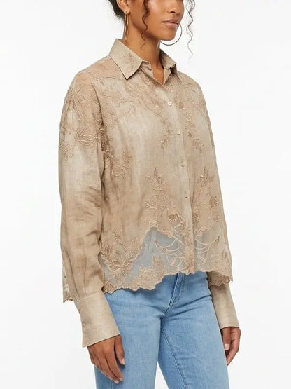 Lace Embroidered Boxy Silk Shirt - Tops