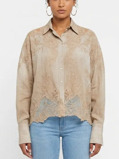 Lace Embroidered Boxy Silk Shirt - Tops