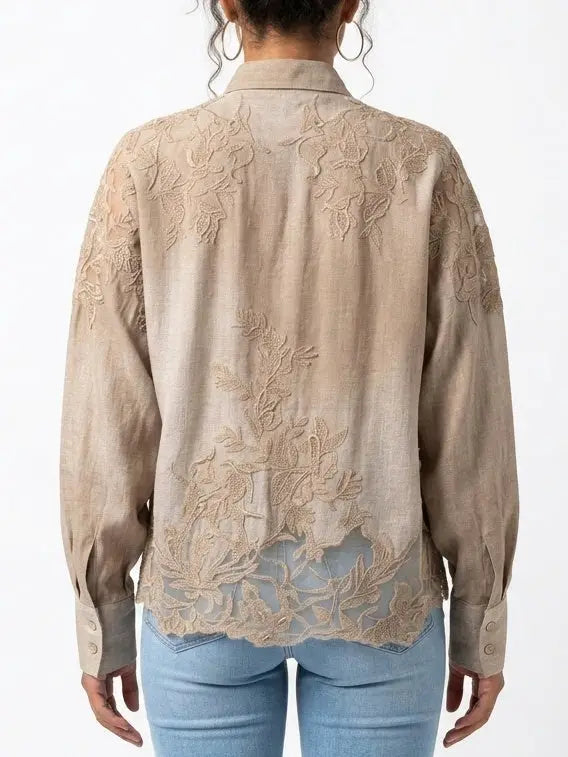 Lace Embroidered Boxy Silk Shirt - Tops