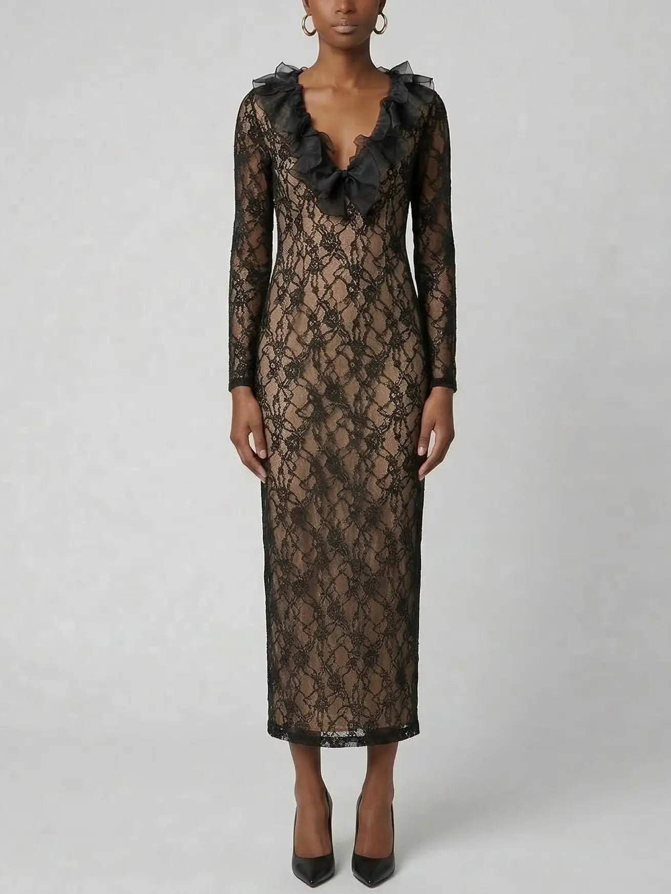 Lace Midi Dress with Ruffle Neckline & Long Sleeves - Dresses
