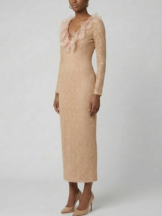 Lace Midi Dress with Ruffle Neckline & Long Sleeves - Dresses