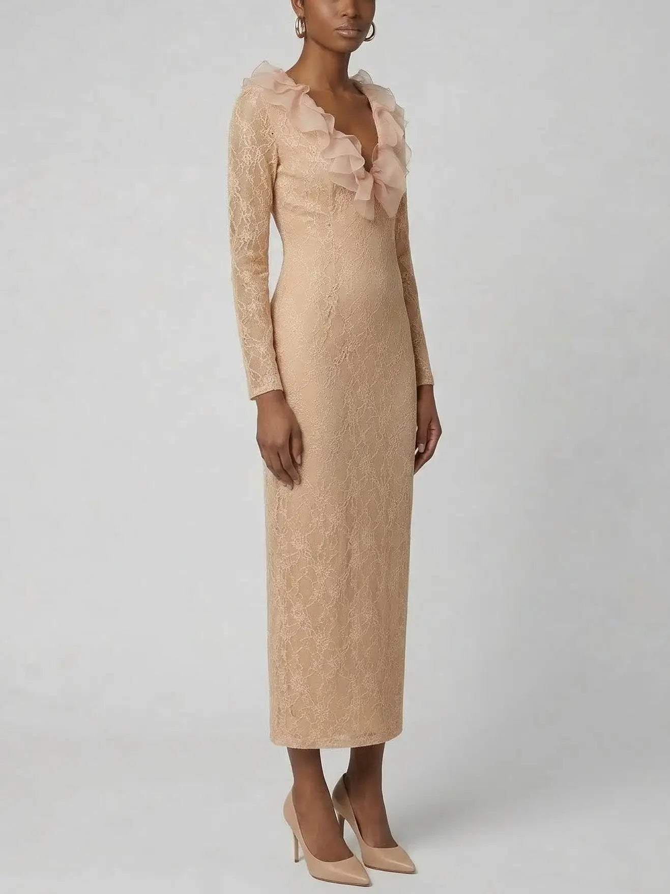 Lace Midi Dress with Ruffle Neckline & Long Sleeves - Dresses