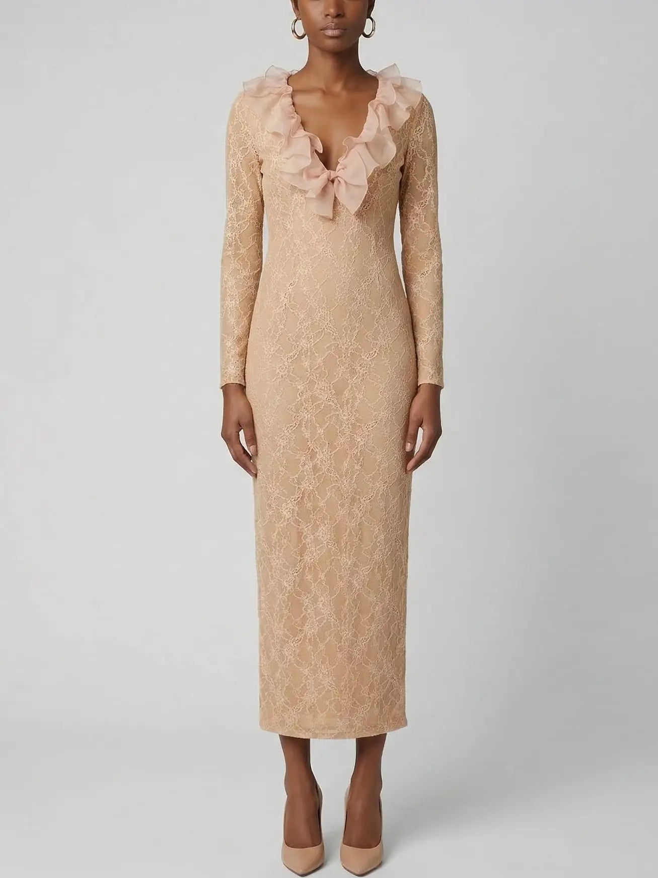 Lace Midi Dress with Ruffle Neckline & Long Sleeves - Dresses