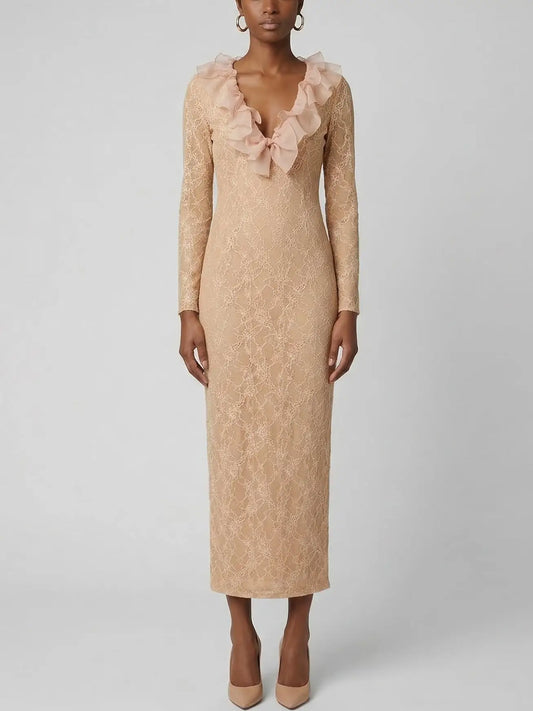 Lace Midi Dress with Ruffle Neckline & Long Sleeves - Dresses