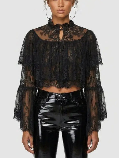 Lace Ruffle Bell-Sleeve Blouse - Small / Black - Tops