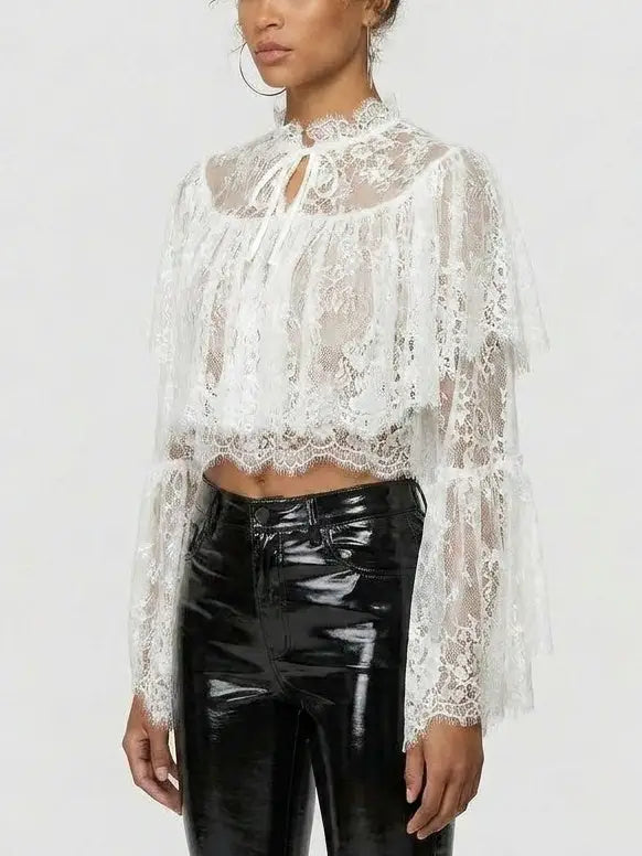 Lace Ruffle Bell-Sleeve Blouse - Tops