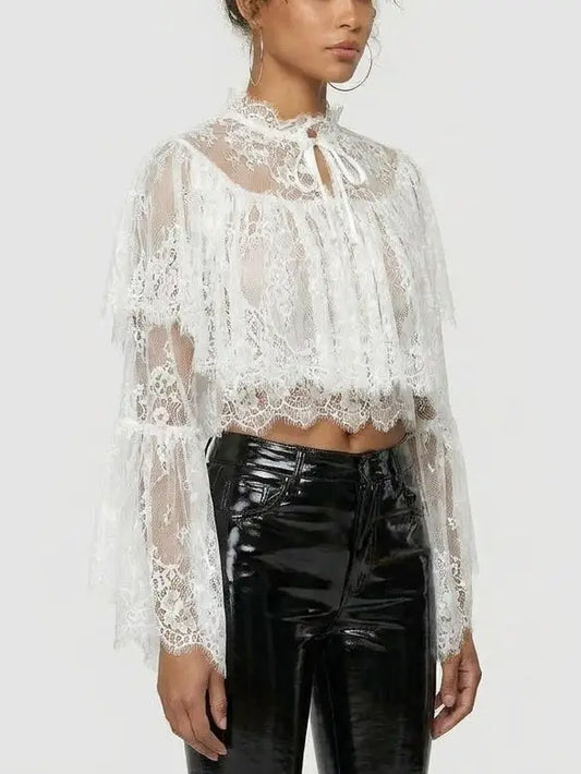 Lace Ruffle Bell-Sleeve Blouse - Tops