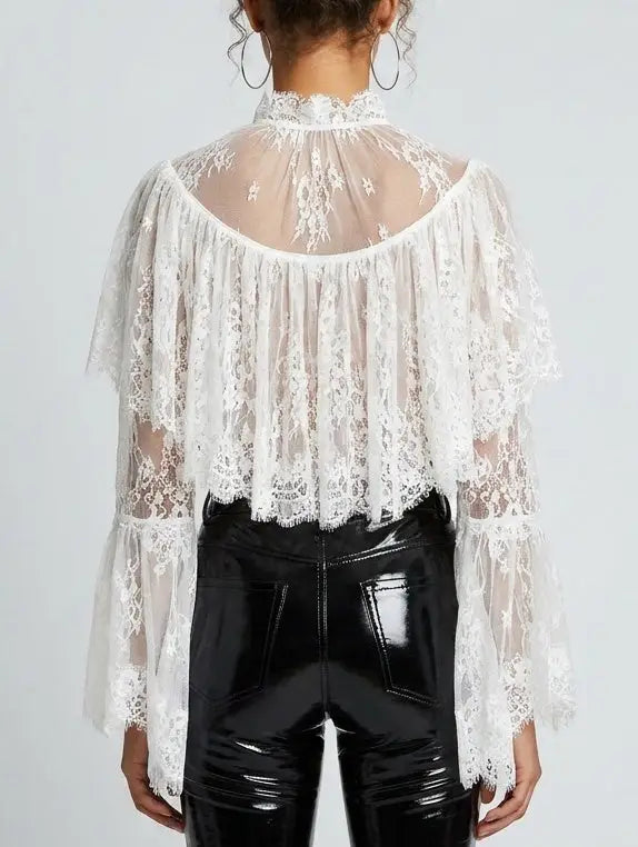 Lace Ruffle Bell-Sleeve Blouse - Tops