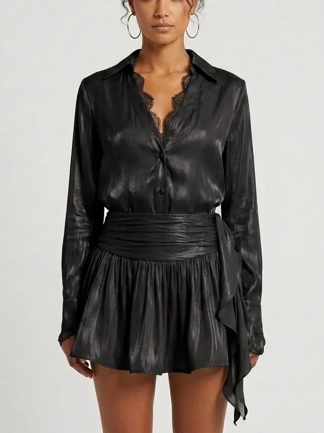 Lace Trim Blouse and Pleated Mini Skirt Set - Small / Black - Suits & Sets