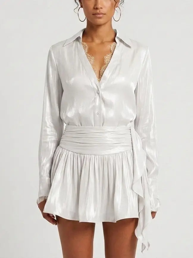Lace Trim Blouse and Pleated Mini Skirt Set - Small / White - Suits & Sets