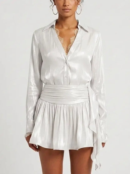 Lace Trim Blouse and Pleated Mini Skirt Set - Small / White - Suits & Sets