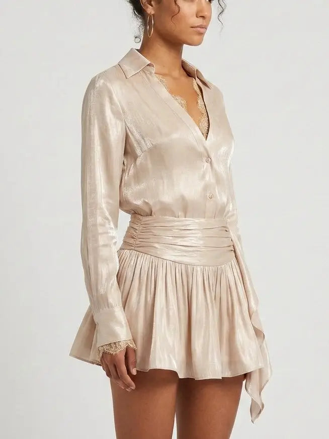 Lace Trim Blouse and Pleated Mini Skirt Set - Suits & Sets