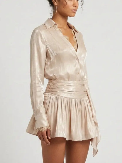 Lace Trim Blouse and Pleated Mini Skirt Set - Suits & Sets