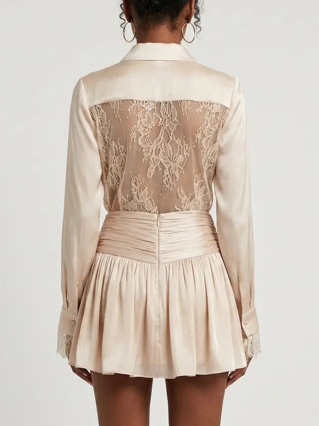 Lace Trim Blouse and Pleated Mini Skirt Set - Suits & Sets