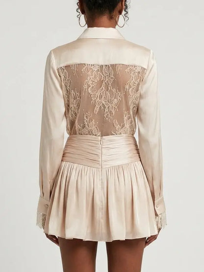 Lace Trim Blouse and Pleated Mini Skirt Set - Suits & Sets