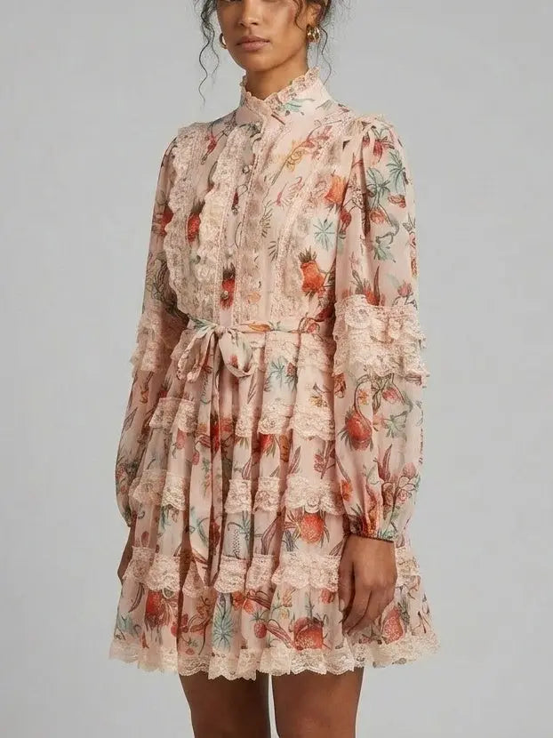 Lace Trim Botanical Print Tiered Mini Dress - Dresses